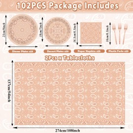 gisgfim 102Pcs Western Bandana Plates Napkins Tablecloth Party Decor Disposable Pink Paisley Paper Tableware Dinnerware Set Farm Cowboy Cowgirl Plate for Rodeo Wild West Birthday Party Supply Serve 25