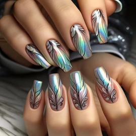 24Pcs Medium Press on Nails Ballerina Shaped Fake Nails Colorful Laser Gradient Acrylic False Nails with Peacock Feather Designs Cute Glue on Nails Full Cover Stick on Nails for Women Girls