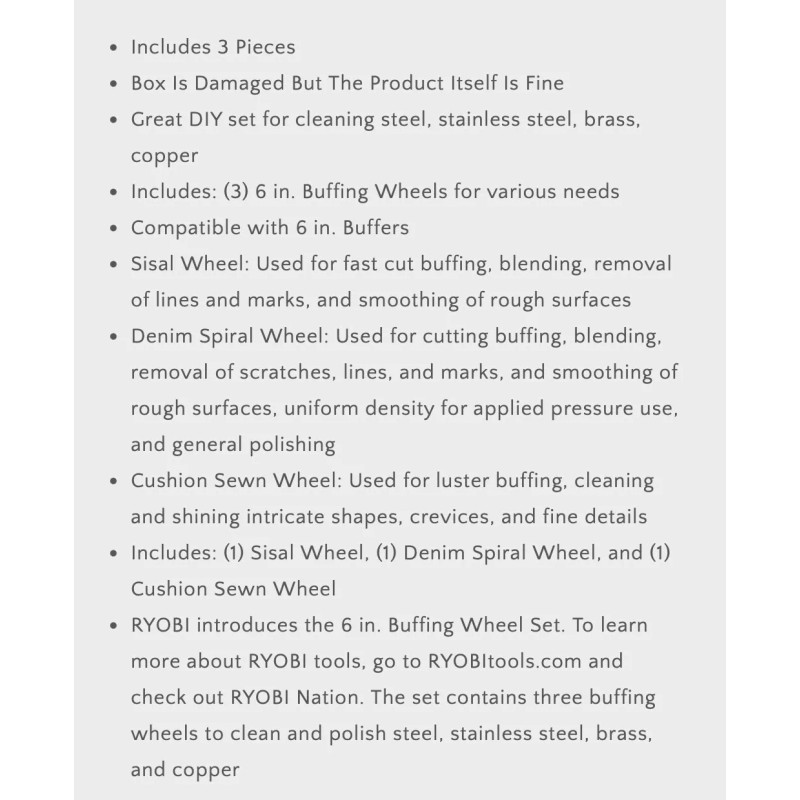 RYOBI 6" BUFFING AND POLISHING WHEEL SET for Bench grinders