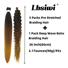 Lbsiwi Ombre Brown Honey Blonde Braiding Hair Boho Braids 26in Pre Stretched Curly Deep Wave Bohemian Braiding Hair Ez Braid Synthetic Knotless Extensions Hairs (#1B/30/27)