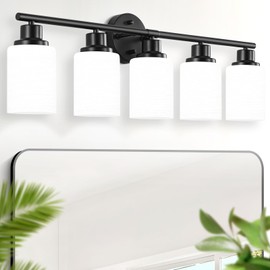 Guliaofo Black Bathroom Vanity Light, 5-Light Bathroom Lights Over Mirror, Vanity Lights for Bathroom, Vanity Lighting Fixtures with Frosted Glass Shades, Matte Black Vanity Light, E26 Base