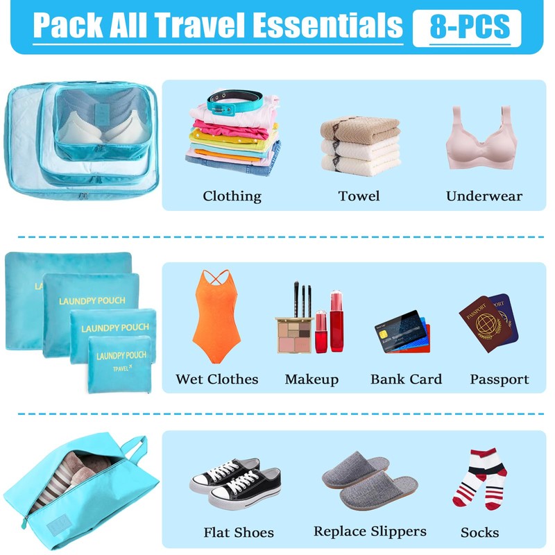 8 Set Packing Cubes for Travel Luggage Packing Bags Reusable