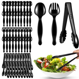 ALEXPRE 60 Pcs Disposable Black Plastic Serving Utensils,20 Set Including 9" Plastic Serving Spoons, Forks and Tongs for Dinner Parties, Buffets,Banquets, Events, Weddings, and Daily Use