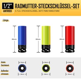 1/2 Inch Drive Impact Wrench Nut Set, 17 mm 19 mm 21 mm, Mr.wintek 3-Piece Cr-Mo Protective Nut Set, Thin-Walled for Alloy Wheels Wheel Change with Rim Protection, Non-Marking
