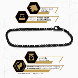 Akitsune Baca Chain Link Bracelet 3 mm Diameter Box Rolo Men's Women's Chain Stainless Steel Carabiner Minimalist Black 18 cm
