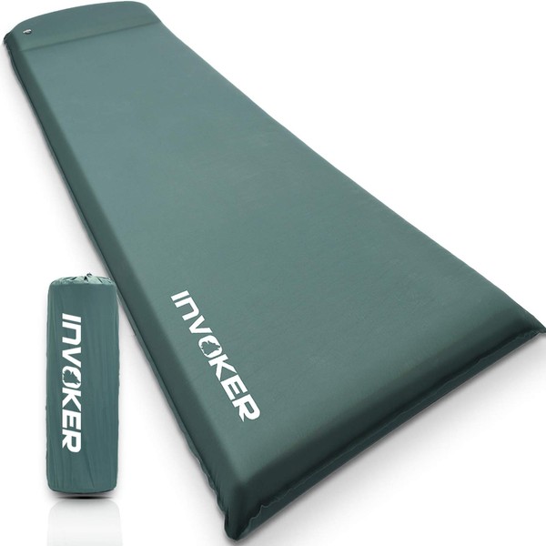 INVOKER Camping Sleeping pad – 3inch UltraThick Elasticity Foam Fast Self-Inflating Insulated Durable Camping Mat with Pillow for Tent Backpacking Traveling and Hiking Air Mattress(Green)