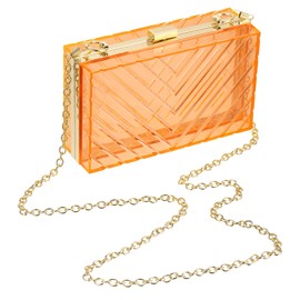 QUARKZMAN Women's Clear Purse, Acrylic Clear Clutch Bag, V-Shape Acrylic Purses, Transparent Shoulder Bag with Removable Chain for Travel, Office, Orange/Gold, Orange/Gold