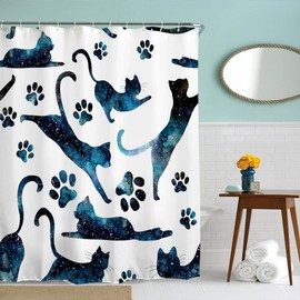 IcosaMro Cats Shower Curtain for Bathroom with 12 Hooks Starry Night Cloth Bath Decor Long Fabric Waterproof, 71x72 Inches, Space Blue