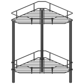 HuggieGems 2 Tier Floor Standing Corner Shower Caddy Organizer Shelf with Hooks, Bathroom Shelves Stand Rack, Black