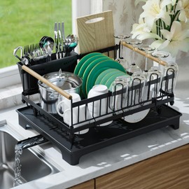 Utheinteck Dish Drying Rack with Drainboard, Rustproof Dish Rack for Kitchen Counter, Large-Capacity Dish Drainer with Cutlery Holder, Sturdy Kitchen Organizer for Dishes, Spoons and Forks