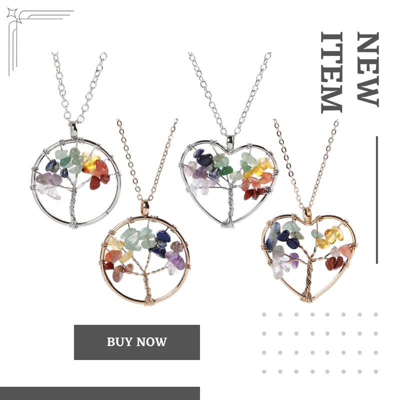 BIRLD Tree of Life Necklace, 7 Colors, Natural Crystal, Healing,