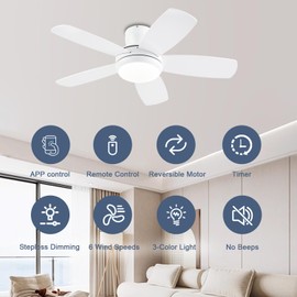 KNUN 42 Inch Ceiling Fan with Light and Remote/App Control, Low Profile Ceiling Fans with Lights,Flush Mount, Double-sided Blades, 3CCT, Dimmable, Noiseless, white Ceiling Fan for Indoor/Outdoor Use