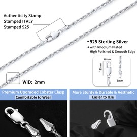 Jewlpire 925 Sterling Silver Chain Necklace for Women, 2MM Rope Chain Silver Chain for Women Sturdy Women's Chain Necklaces, Silver Chain 20 Inch