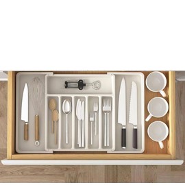 Aizhoumoo Kitchen utensils set Silverware Drawer Organizer, Expandable Utensil Tray for Kitchen, Adjustable Plastic Storage for Spoons Forks Knives (White)
