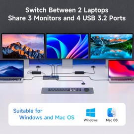 USB C KVM Switch 3 Monitors 2 Computers 4K/1080P@60Hz,USB-C Triple Monitor KVM Switches with 4 USB3.2 Ports for USB Device,10Gbps,80W PD Charging,For Windows and Mac OS,Driver Installation is Required