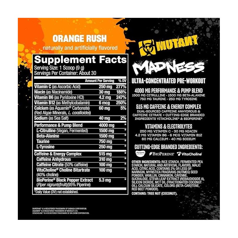 Mutant Madness Pre-Entreno Ultra Concentrado con Cafeína Naranja 285 g