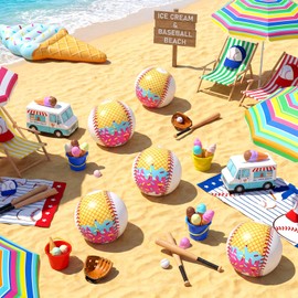 Civaner 6 Pcs Ice Cream Drip Baseball Themed Beach Ball 7.87" Bulk Summer Pool and Beach Game Gifts for Summer Ice Cream Baseball Party