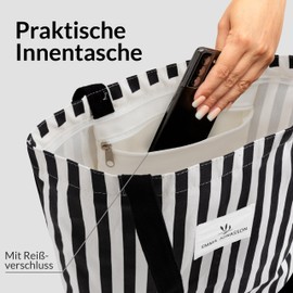 Emma Jonasson Jute Bag with Zip – Stylish Women's Shopper with Inner Pocket – Shopping Bag with Long Handle – Perfect Bag as Tote Bag, Fabric Bag Striped Black White
