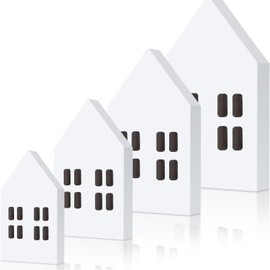 4pcs Wooden House Home Sign for Tiered Tray Table Centerpiece Decorations,Rustic Farmhouse White Small Wood Houses Shaped Sign for Coffee Table,Living Room Home Kitchen Decor