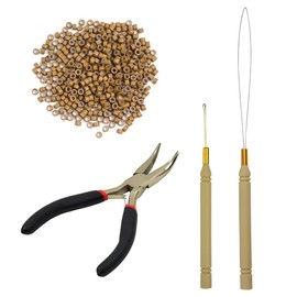 Hair Extensions Tool Kit Black Hair Pliers Pulling Hook Bead Device Tool Kits and 500 Pcs 5 mm Micro Links Rings Beads (Dark Blonde)