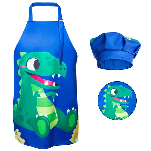 R HORSE Kids Aprons Chef Hat Sets Blue Cute Dinosaur Cooking Aprons Toddler Chef Hat Waterproof Art Painting Apron Boys Kitchen Chef Bib Baking Aprons Party Birthday Gift (3-5 Years)