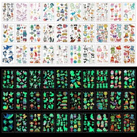 Temporary Tattoos For Kids, 400pcs Glow In The Dark Tattoos,Assorted Cartoon Luminous Unicorn Mermaid Butterfly Animal Dinosaur Pirate Space Fake Tattoo, Boys Girls Party Favor Supplies
