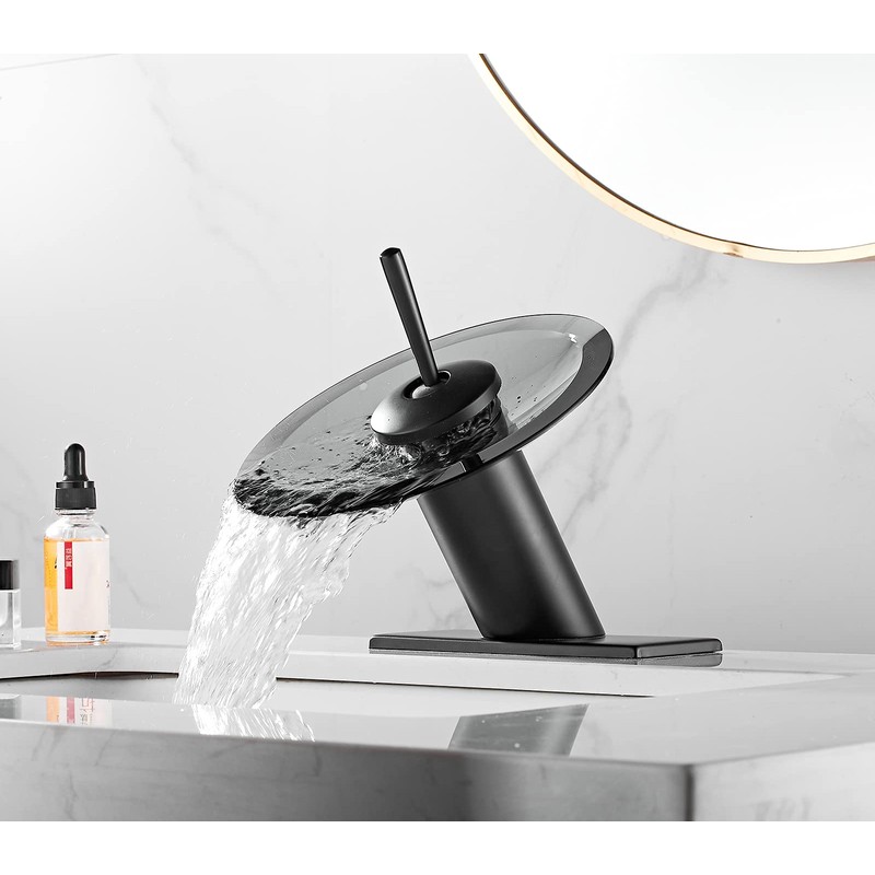 Bathroom Faucet Black Glass Spout Waterfall Single Handle One Hole