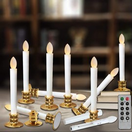 Window Candles with Remote Timers 10PCS Battery Operated Candles Flickering Flameless Led Electric Candle Lights with Removable Tapers Pillar Candles Holders for Christmas Decorations Gold Base