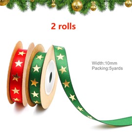 2rolls 10mm 5yard Gold Star Red Green Craft Cotton Ribbon, Wrapping Rope Merry Christmas Pattern for DIY Birthday Present Package Favor Party Decorations