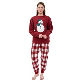 DAVID ARCHY Christmas Pajamas for Women Set 2 Piece Soft Fleece Sleepwear Long Sleeve Tops and Plaid Pants with Pockets (XXL, Snowmen)
