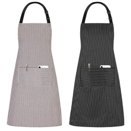 Jubatus 2 Pack Kitchen Aprons Striped Cooking Chef Adjustable Bib Apron with 2 Pockets for Men Women, Brown Pinstripe/Black Pinstripe