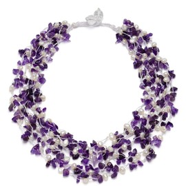 HinsonGayle 'Gabriella' 5-Strand Handwoven Amethyst & White Freshwater Cultured Pearl Necklace-24 in Length
