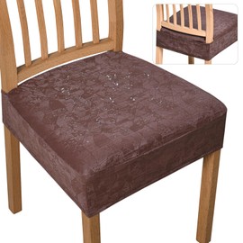 SearchI Waterproof PU Seat Covers for Dining Chairs Set of 4, Washable Stretch Dining Chair Seat Covers, Dining Room Chair Covers Protector (Rear-Covered, Printed PU Brown)