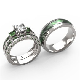 TWO RINGS Wedding Ring Sets His And Hers Promise Ring Couples Bridal Sets Women 925 Sterling Silver square Cz Man Stainless Steel Brushed Finished Wedding Bands, women's size 7 & men's size 9