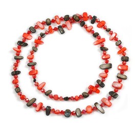 Avalaya Long Red/Black Shell Nugget and Red Faceted Glass Bead Necklace - 112cm Long