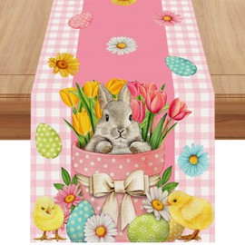 Linen Pink and White Buffalo Check Plaid Easter Table Runner 108 Inches Long Easter Egg Bunny Chick Daisy Tulip Floral Table Decor Spring Summer Easter Home Kitchen Dining Room Table Decorations