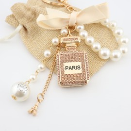 MyfavoriteK Perfume Keychain for Women Elegant Chic Key Chain Charm for Purse Cute Keychain Pearls Wristlet (Beige)