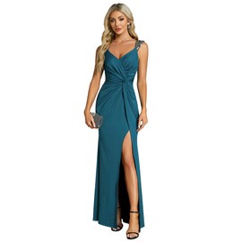 Ever-Pretty Ever-Pretty Maxi Formal Evening Dress Elegant Sequin V Neck and High Slit Prom Dress Teal 14UK