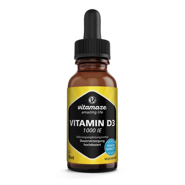 Vitamaze® Vitamine D3 Gouttes Fortes Doses 1000 UI, 50 ml (1750 Gouttes) Vegetale, Vitamine D avec Cholecalciférol, Haute Biodisponibilité, Qualité Allemande, sans Additifs Inutiles