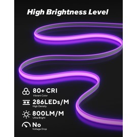 Shine Decor COB LED Rope Light AC 120V, 800lm Ultra Bright, IP65 Waterproof Cold-Resistant ETL Neon Strip, No Driver Tape Lighting for Home Commercial 10x4.5mm, Purple, 50ft