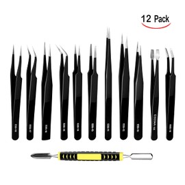 Cisixin 12-Piece Stainless Steel Precision Tweezers Set, Precise Tweezers, Multifunctional Antistatic Tweezers for Electronics Repairing, Jewellery Making, Precision Work