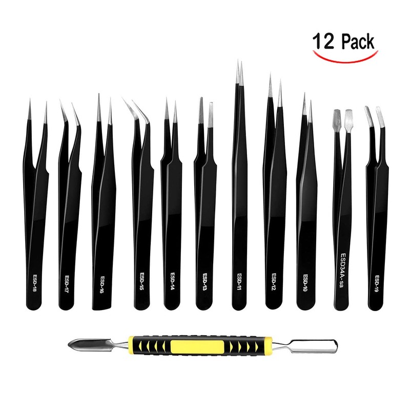 Cisixin 12-Piece Stainless Steel Precision Tweezers Set, Precise Tweezers, Multifunctional