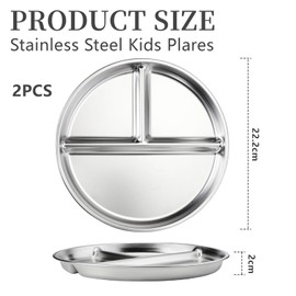 Goiern Pack of 2 Stainless Steel Children's Plates, 23 cm Portion Control Plates, Divided Plates for Adults, Bariatric with Division, Toddler Lunch Table, Camping Esstray