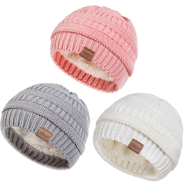 Alepo 3 Pack Baby Beanie Hats for Girls Boys, Soft Warm Fleece Lined Baby Winter Hat for Newborn Infant Toddler Kids, Cute Cozy Knitted Beanie Cap for Cold Weather-08