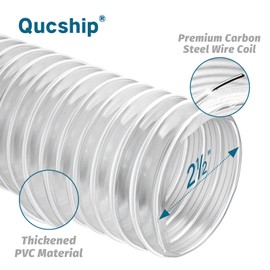 2-1/2" x 10' Heavy PVC Dust Collection Hose, Puncture Resistant PVC Dust Collection Hose, Flexible Clear PVC Fume Collection Hose with Carbon Steel Wire Coil for dust collection systems