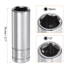 sourcing map 6-Point Socket 1/2" Drive 18mm Metric 3.1" Length 45# Steel Deep Sockets Full Polishing Chrome Sockets for Car Repair Mechanical Maintenance Home Use