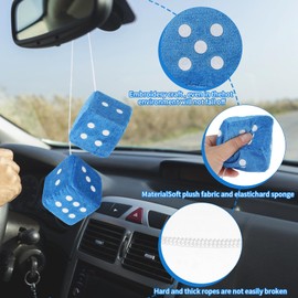 Fuzzy Dice for Rear View Mirror, Blue Fuzzy Dice for Car Mirror, 2.75inch Pair of Plush Retro Square Hanging Dice with White Dots Cute Car Decoration Ornament Accessories