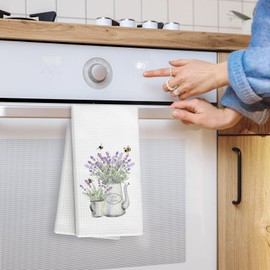 Yjeslw Purple Lavender Floral Kitchen Towels, Rustic Cottagecore Bee Lavender Flower Hand Dish Towels Decor, Rustic Bee Floral Tea Towel for Kitchen Bathroom Decorative, 16x24 Inch