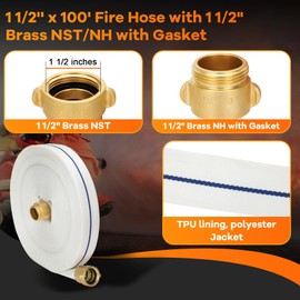Fire Hose 1-1/2 ID×100 FT Heavy Firefighter Hose With NST/NH Brass Couplings 750PSI Brust Pressure Used for Firefighting,Industrial and Urban Cleaning