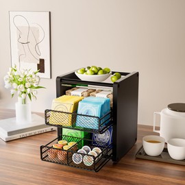 NANAGIFTREE Tea Bag Organizer, Tea Organizer and Storage with Drawers, Tea Box Organizer for Tea Bags, Wooden Tea Bag Holder Organizer for Kitchen, Countertop, Office, Tea Station (Black)